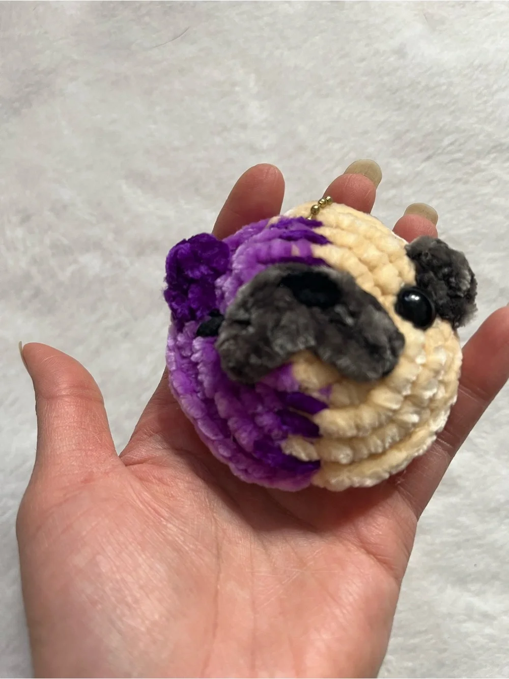 Pug zombie half purple zombie w/ x eyes half fawn Pug Keychain handmade crochet